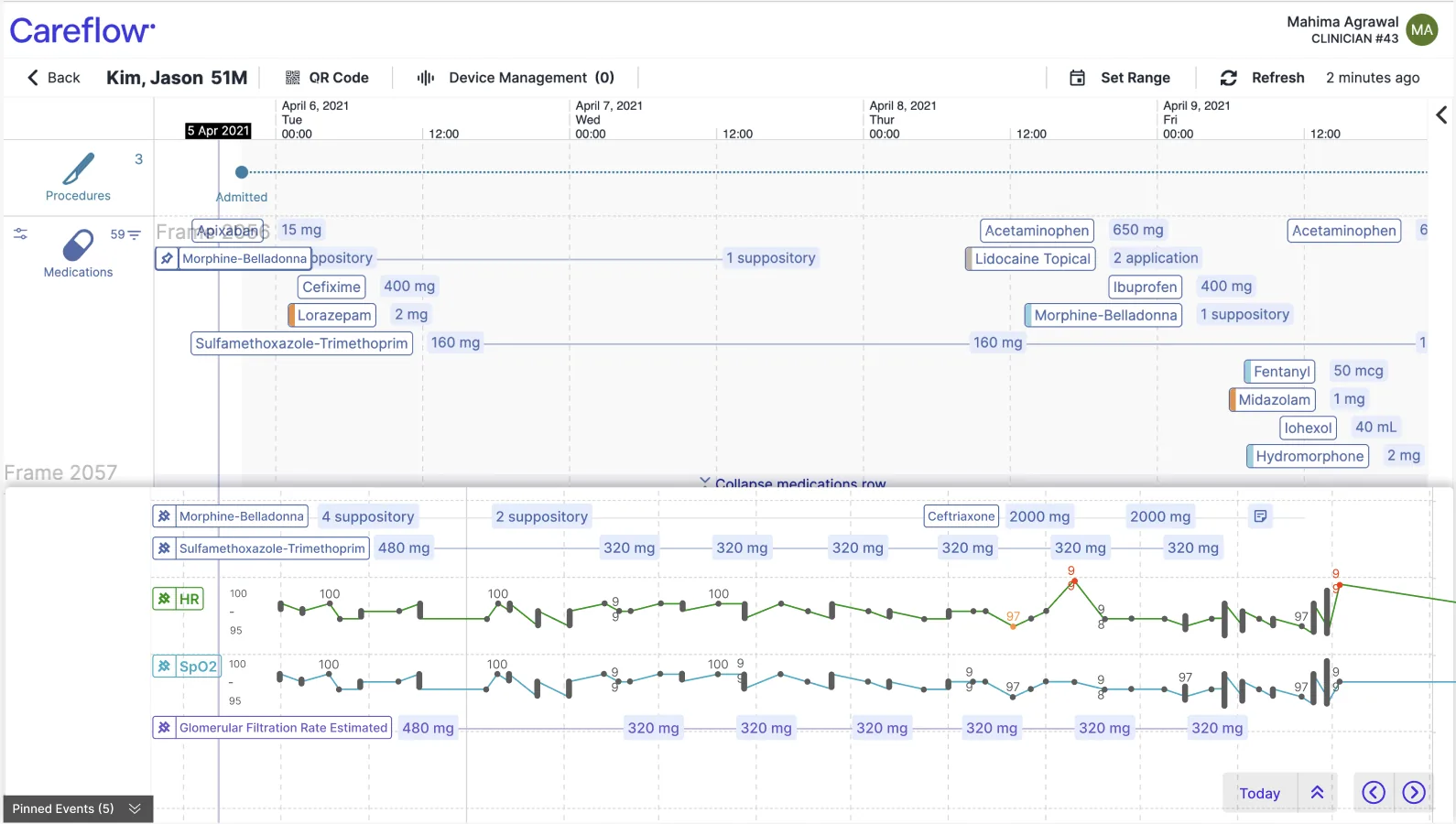 The Careflow patient timeline with medications, vitals and pinned events