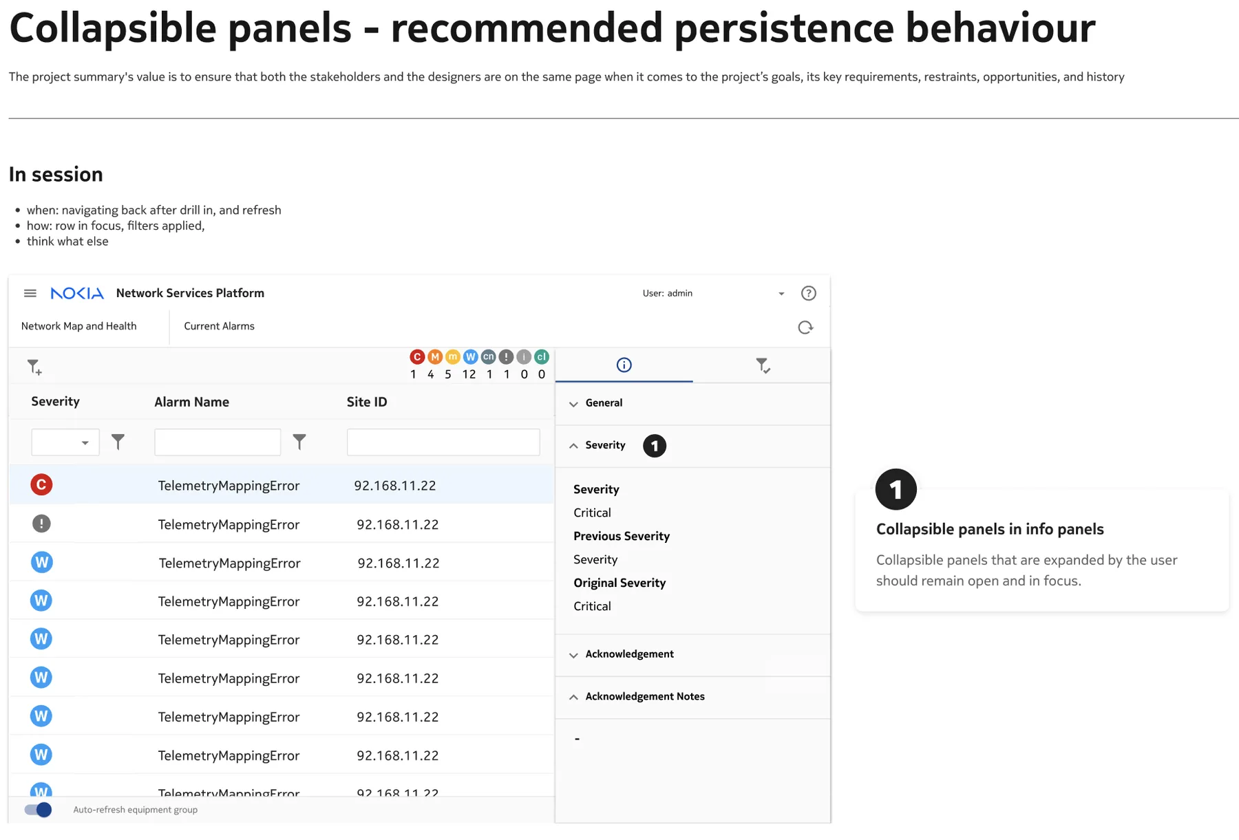 Spec page: collapsible panels recommended persistence behaviour