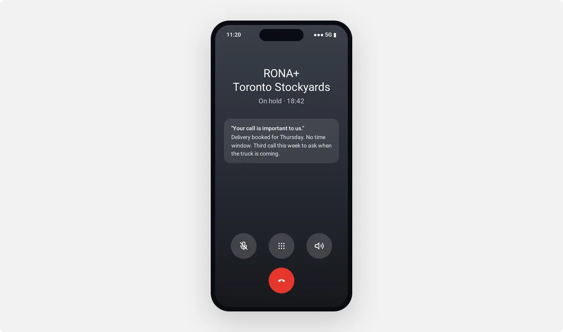 A phone on hold with the RONA Toronto Stockyards store