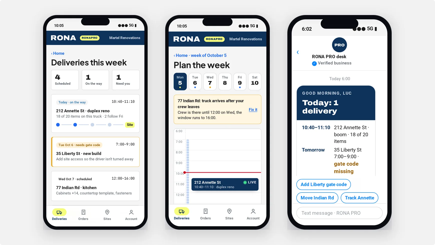 Three PRO directions explored side by side: Jobsite Board, Week Planner and Text Concierge
