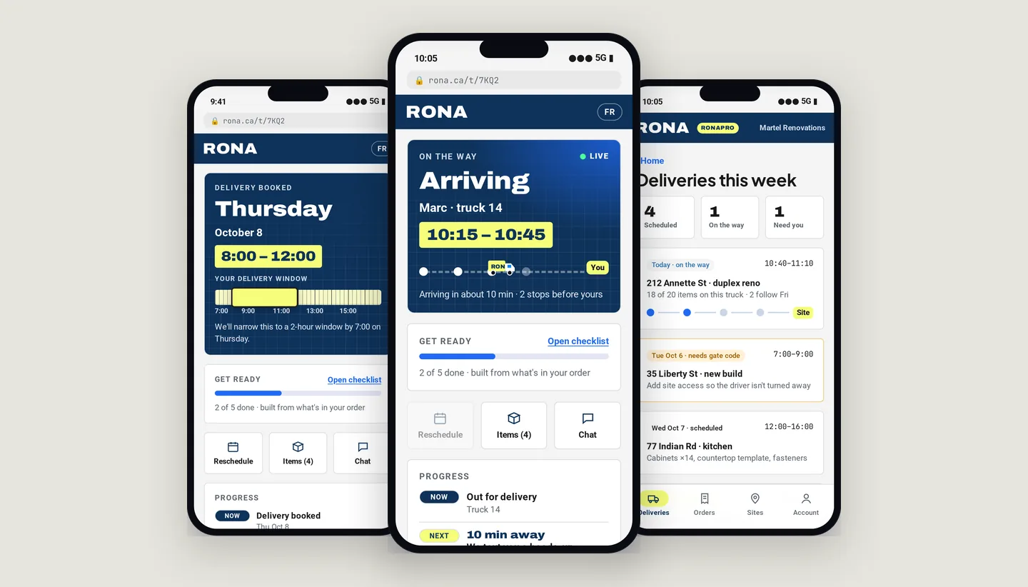 Three RONA delivery tracker phone screens: delivery booked, arriving and the PRO week view