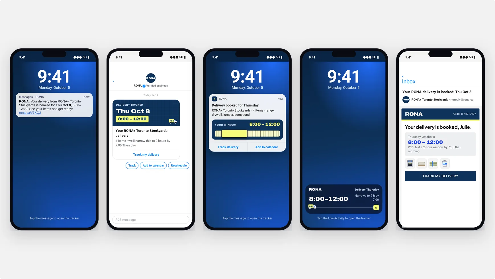 Five options for the booking message: text, chat card, push, Live Activity and email