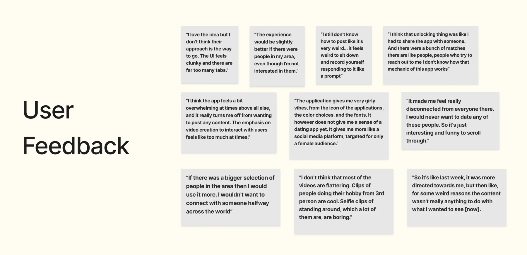 Sticky notes of user feedback from participant interviews