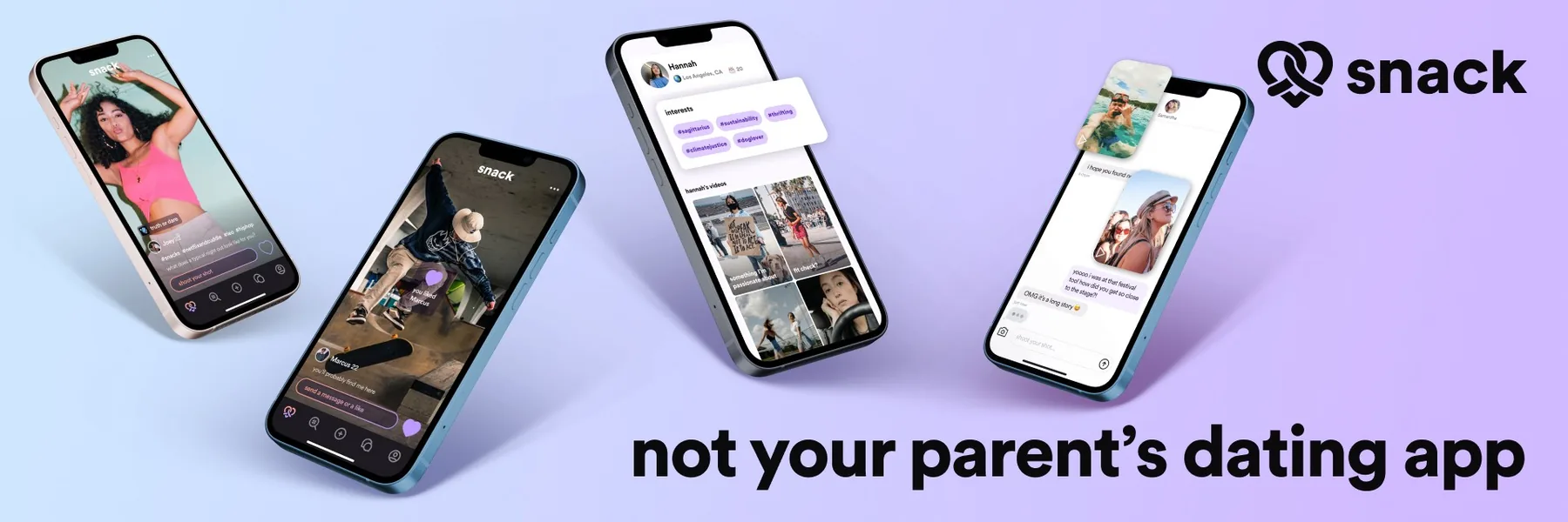 Snack app screens with the line not your parent's dating app